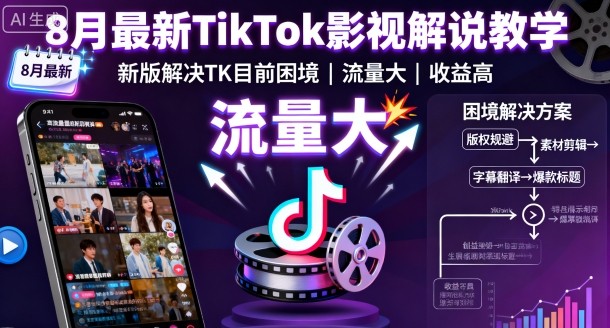 8月最新TikTok影视解说教学，新版解决TK目前困境，流量大，收益高-讯领网创