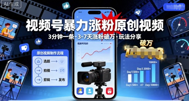 视频号暴力涨粉原创视频，3分钟一条原创视频，3-7天涨粉破万，玩法分享给你-讯领网创