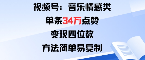 视频号分成计划新玩法：音乐情感类单条34W点赞，变现四位数，方法简单易复制-讯领网创