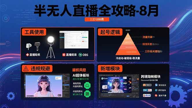 （15669期）半无人直播全攻略-8月：工具使用+起号逻辑+违规规避,新增AI超体与跨境模块-讯领网创