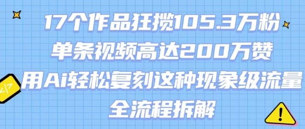 17个作品狂揽105.3W粉，单条视频高达200W赞，用Ai轻松复刻这种现象级流量!(全流程拆解)-讯领网创
