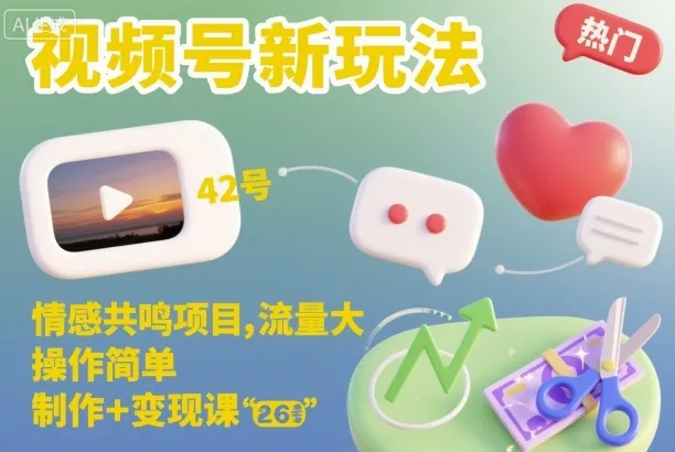 视频号新玩法，情感共鸣项目，流量大，操作简单，制作+变现课-讯领网创