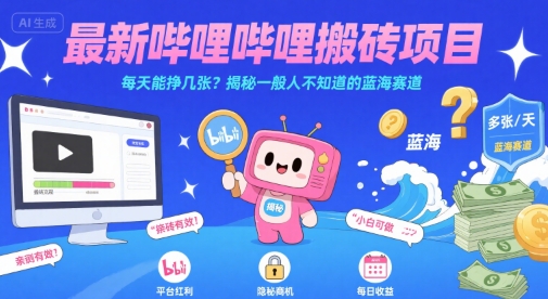 最新哔哩哔哩上B站搬砖项目，每天能挣几张？揭秘一般人不知道的蓝海赛道-讯领网创