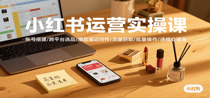 小红书运营实操课，账号搭建/跨平台选品/爆款笔记创作/流量获取/批量操作/违规处理等-讯领网创
