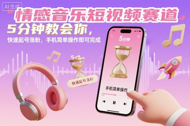 情感音乐短视频赛道，5分钟教会你，快速起号涨粉，手机简单操作即可完成-讯领网创