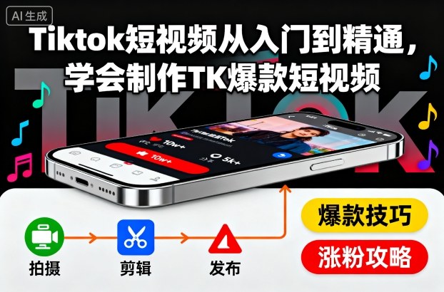 Tiktok短视频从入门到精通，学会制作TK爆款短视频-讯领网创