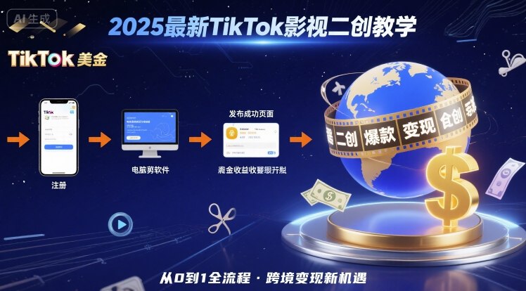 2025年最新TikTok影视二创教学，从注册到发布撸美金全流程，跨境变现新机遇-讯领网创