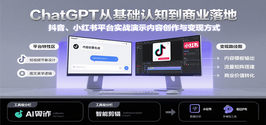 ChatGPT从基础认知到商业落地，实战演示抖音、小红书等平台的内容创作与变现-讯领网创