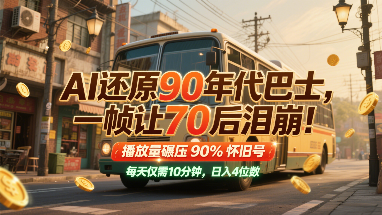 AI还原90年代巴士，一帧让70后泪崩！播放量碾压90%怀旧号，每天10分钟，日入4位数-讯领网创