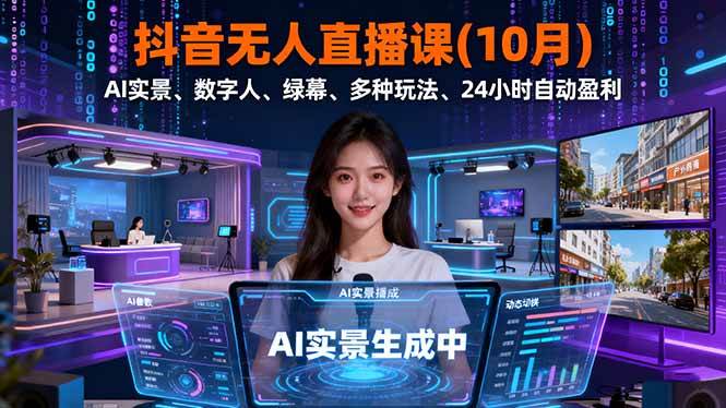 （16355期）抖音无人直播课(10月)，AI实景、数字人、绿幕、多种玩法、24小时自动盈利-寒山客