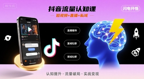 抖音流量认知课，短视频+直播+私域，认知提升，闪电开悟-讯领网创