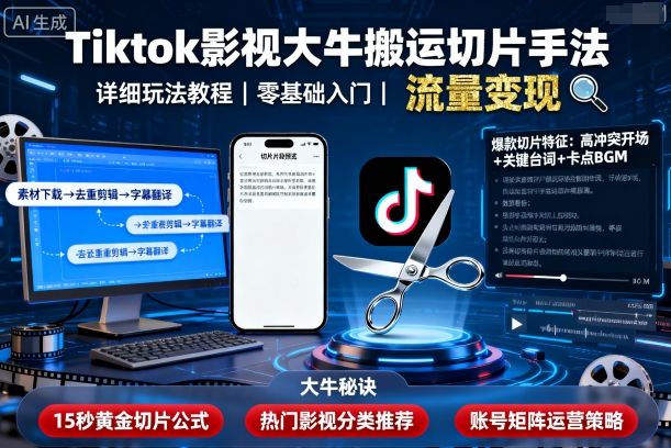 Tiktok影视大牛搬运切片手法，详细玩法教程-讯领网创