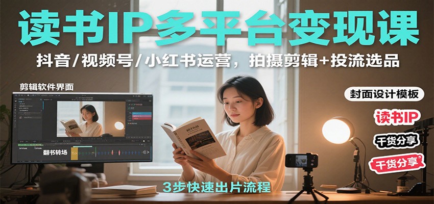 读书IP多平台变现课：抖音/视频号/小红书运营，拍摄剪辑+投流选品-讯领网创