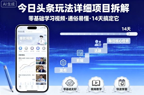今日头条玩法详细项目拆解，零基础学习视频 通俗易懂 14天搞定它-讯领网创