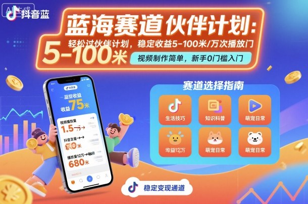 抖音蓝海赛道，轻松过伙伴计划，视频制作简单，万次播放收益在5-100米，稳定收益-讯领网创