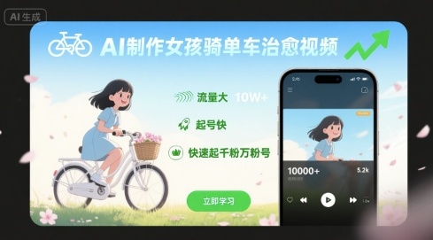 AI制作女孩骑单车治愈视频，流量大，起号快，快速起千粉万粉号-讯领网创