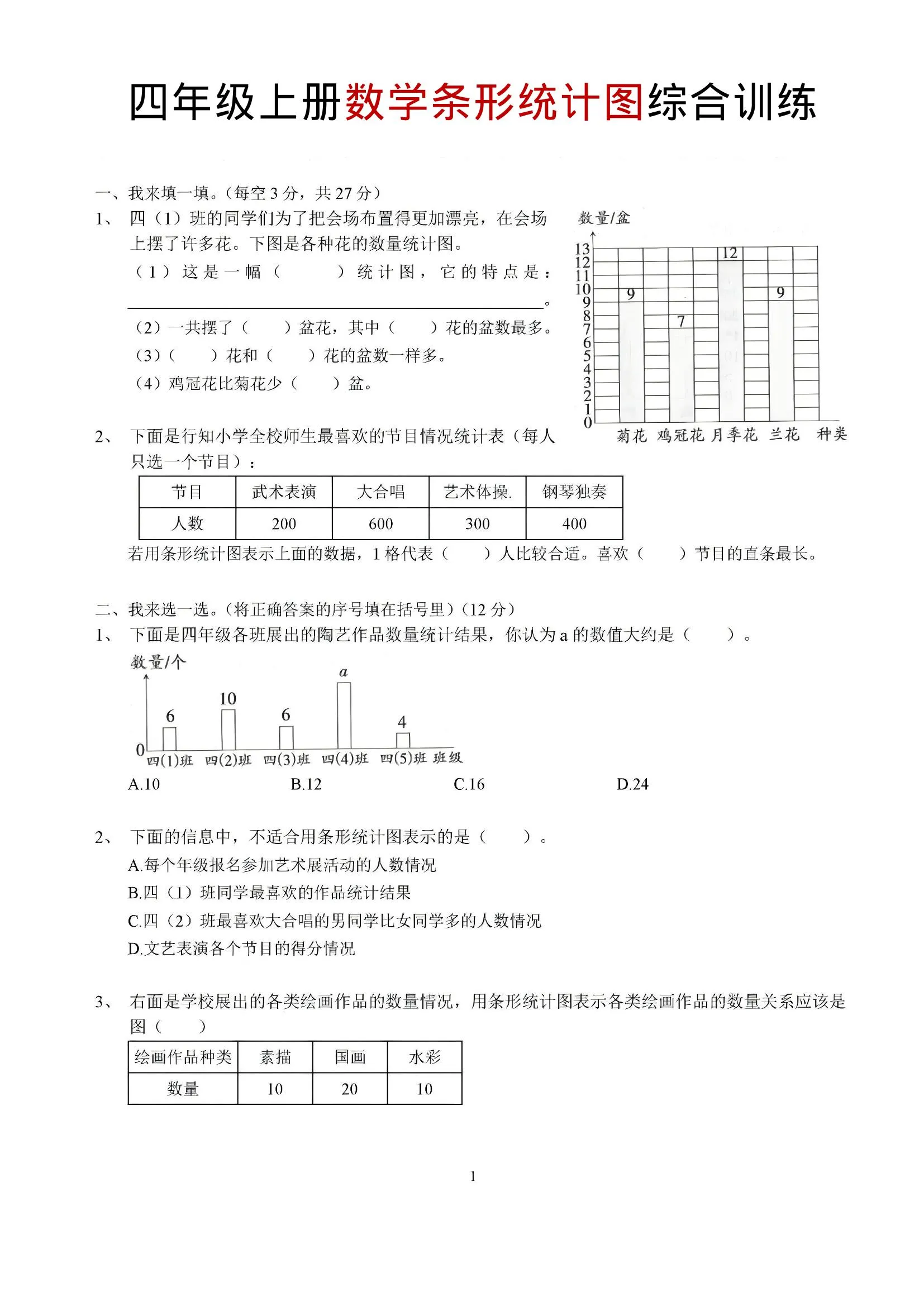 四年级上数学条形统计图综合训练-五四资源网
