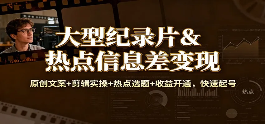 大型纪录片&热点信息差变现：原创文案+剪辑实操+热点选题+收益开通，快速起号-五四资源网