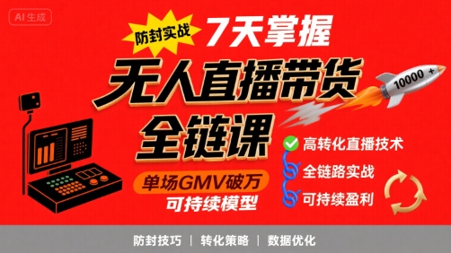 无人直播带货全链防封实战课，7天掌握高转化直播技术，实现单场GMV破万可持续模型-讯领网创
