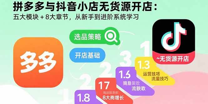 （15805期）拼多多与抖音小店无货源开店：五大模块+8大章节，从新手到进阶系统学习-讯领网创
