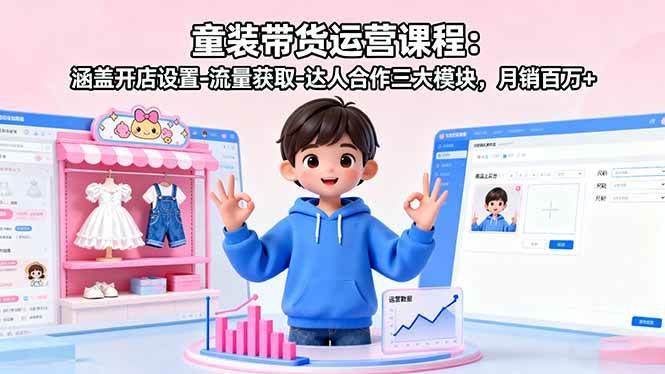 （16081期）童装带货运营课程：涵盖开店设置-流量获取-达人合作三大模块，月销百万+-讯领网创