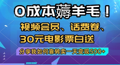 0成本薅羊毛!视频会员、话费卷、30元电影票白送，分享我如何靠转卖一天变现5张+【揭秘】-讯领网创