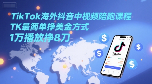 TikTok海外抖音中视频陪跑课程，TK最简单挣美金方式，1万播放挣8刀-讯领网创