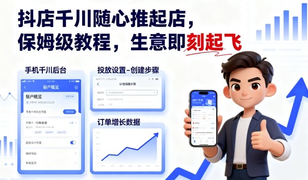 抖店千川随心推起店，保姆级教程，生意即刻起飞-讯领网创