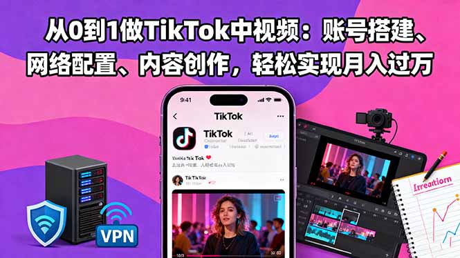 从0到1做TikTok中视频：账号搭建、网络配置、内容创作，轻松实现月入过万-讯领网创