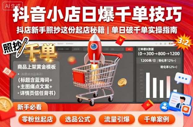 抖音小店日爆千单技巧，抖店新手照抄这份起店秘籍，单日破千单-讯领网创