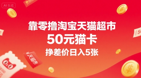 靠零撸淘宝天猫超市50元猫卡，挣差价日入5张-讯领网创