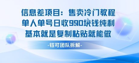 信息差项目：售卖冷门教程单人单号日收9张纯利基本就是复制粘贴就能做-讯领网创