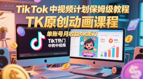 TikTok中视频计划保姆级教程，TK原创动画课程，单账号月收益4k美刀-讯领网创
