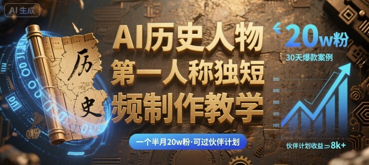最新AI历史人物第一人称独白短视频制作教学，一个半月20w粉，可过伙伴计划-讯领网创