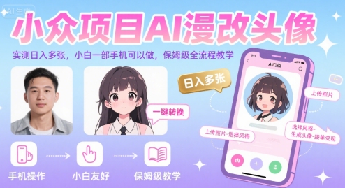 小众项目AI漫改头像，实测日入多张，小白一部手机可以做，保姆级全流程教学-讯领网创