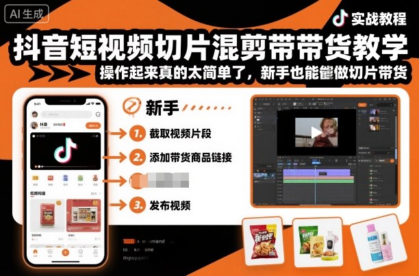 抖音短视频切片混剪带货教学，操作起来真的太简单了，新手也能做切片带货-讯领网创
