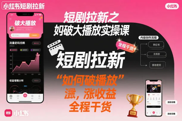 短剧拉新之小红书如何破大播放实操课，如何破播放，涨收益，全程干货-讯领网创