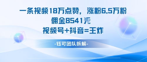 一条视频18W点赞，涨粉6.5W粉佣金8541米，视频号+抖音=王炸-讯领网创