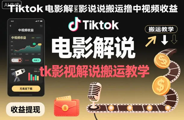 Tiktok电影解说搬运撸中视频收益，tk影视解说搬运教学-讯领网创
