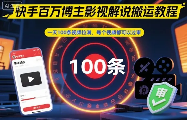 快手百万博主影视解说搬运教程，一天100条视频拉满，每个视频都可以过审-讯领网创
