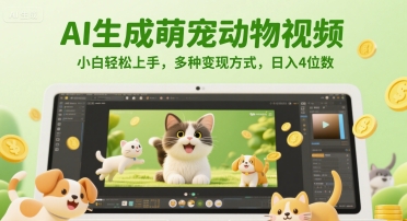 AI生成萌宠动物视频，小白轻松上手，多种变现方式，日入4位数-讯领网创