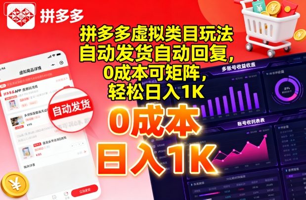 拼多多虚拟类目玩法，自动发货自动回复，0成本可矩阵，轻松日入1K【揭秘】-讯领网创