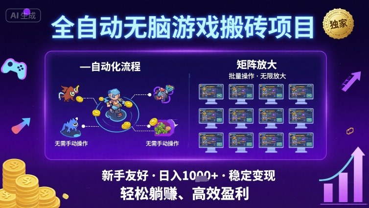 全自动无脑游戏搬砖项目，独家玩法，可批量矩阵无限放大，新手也能轻松日入1k+【揭秘】-讯领网创