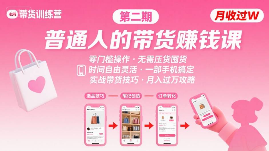 小红书带货第二期训练营，普通人月收过W的带货课，时间自由，零门槛无压货，一部手机即可操作-讯领网创