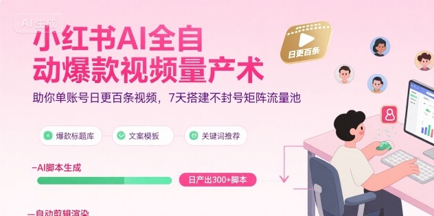 小红书AI全自动爆款视频量产术，助你单账号日更百条视频，7天搭建不封号矩阵流量池-讯领网创