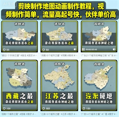 剪映制作地图动画制作教程，视频制作简单，流量高起号快，伙伴单价高-讯领网创